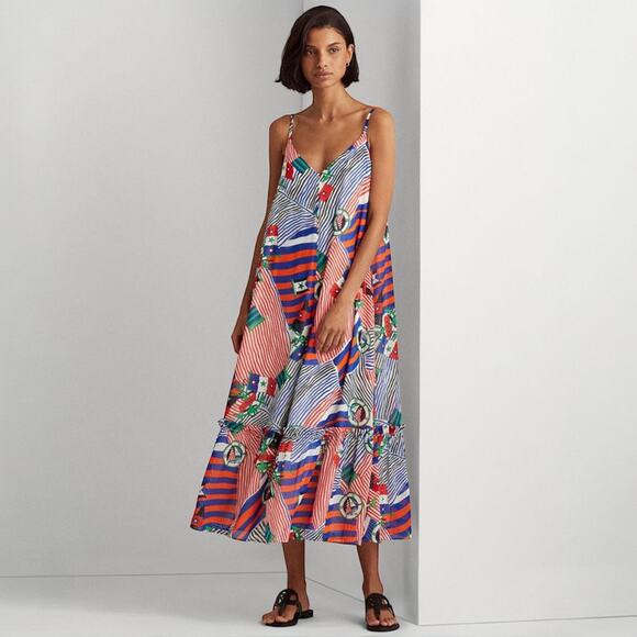 Lauren Ralph Lauren Georgette Nautical Maxi Dress Patriotic Size 8 (NWT!) $185 - Picture 1 of 12